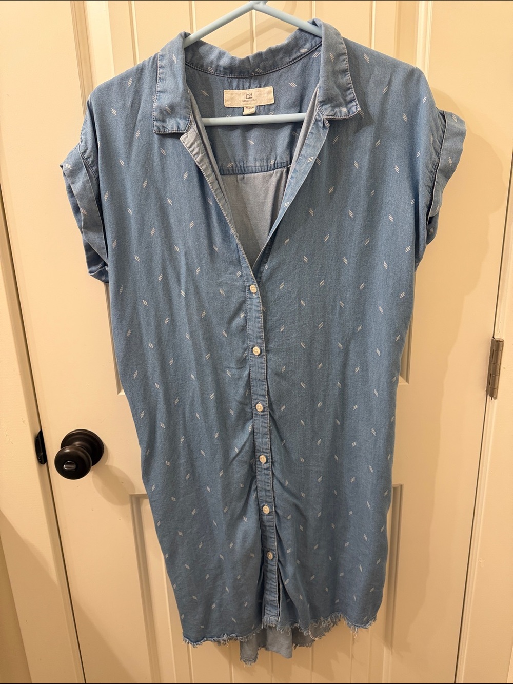Light Blue Button-Down Chambray Dress with Subtle White Designs